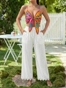 Vivid Eden 女士春夏度假装，女士棉质长裤，女士休闲优雅浪漫度假抽绳腰裤，舒适百搭，白色，女士夏季度假宽松阔腿长裤，优雅女士夏季海边度假波西米亚风长裤，白色阔腿裤，女士夏季阔腿裤，白色亚麻裤 - 白色 - 查看 15