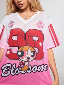 THE POWERPUFF GIRLS X SHEIN 女士V领卡通字母印花休闲百搭日常短袖T恤 - 粉色 - 查看 6
