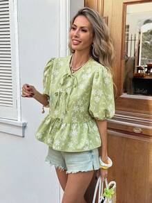 SHEIN LUNE Áo sơ mi ngắn tay nữ kiểu dáng thường ngày, thêu họa tiết, thích hợp cho kỳ nghỉ hè, đi làm và mặc hàng ngày. - màu xanh lá - Xem 5