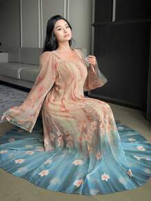 Dazy Plus 印花宽松优雅长袖加大码连衣裙，度假风长款连衣裙 - 粉色 - 查看 4