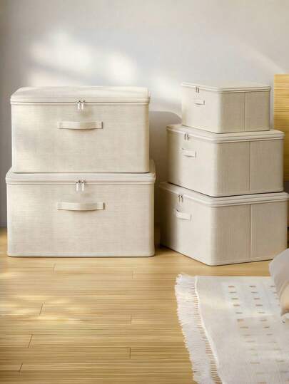 1 pieza Caja de almacenamiento plegable con cremallera y asas, caja de tela cuadrada plegable de color beige para organización de armarios, ropa, juguetes, decoración del hogar y organizador con tapa