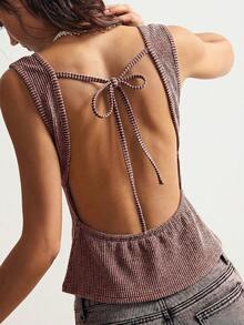 Bohemela Top ajustado sin espalda de punto de unicolor casual para mujer - Óxido marrón - Ver 3