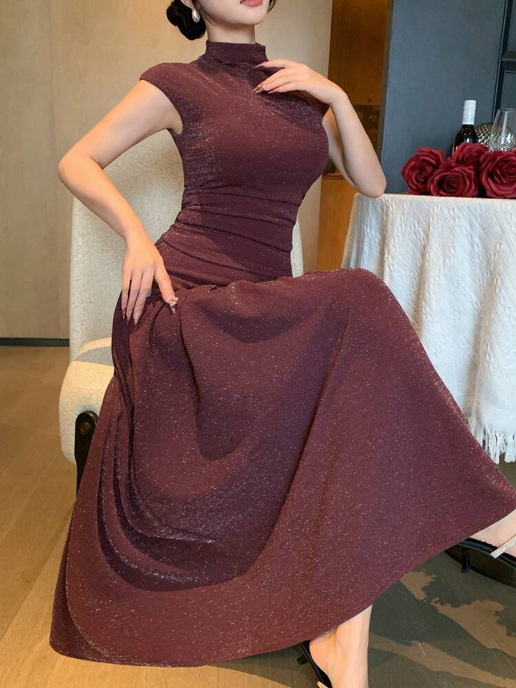Women's Elegant Shiny High Neck Camisole And Skirt 2 Pieces Set, Summer