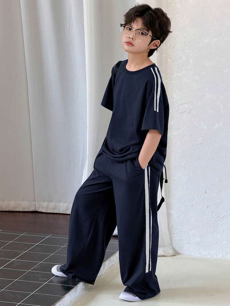Tween Boy Summer Casual Contrast Stripe T-Shirt And Pants Set