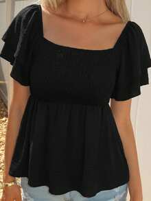 Sydney Algeri Square Collar Crop Top With Ruched Hem And Layered Flutter Sleeves In Black Peplum Top - Black - View 3