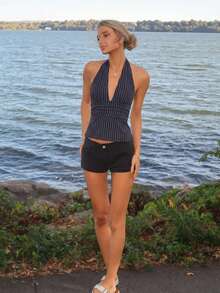 Sydney Algeri Halter Deep V-Neck Cinched Waist A-Line Backless Striped Tank Top - Grey - View 1