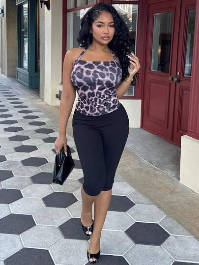 Alexandranx 女士度假吊带紧身全豹纹背心，适合夏季