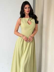 Firerie Vestido casual de oficina elegante y minimalista para uso diario, de textura de bambú sólido verde, sin mangas, con cintura hueca y plisado en línea A hasta la pantorrilla, adecuado para vacaciones, viajes, días festivos, primavera/verano, nueva llegada - Verde - Ver 5