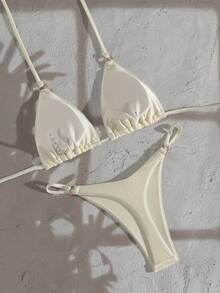 Swim Vcay 女士夏季沙滩纯色吊带系带性感比基尼泳装套装 - 杏色 - 查看 2