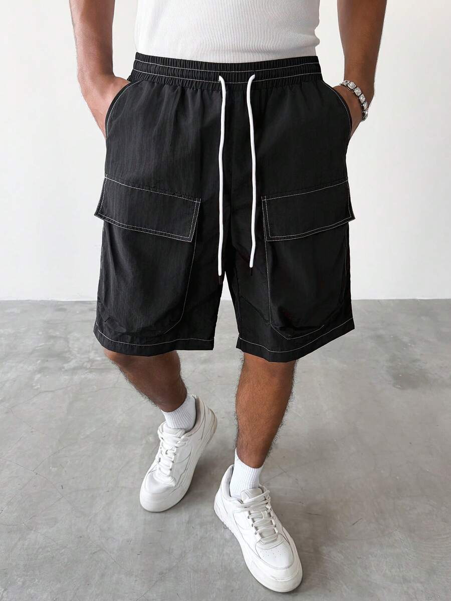 Manfinity Hypemode Men's Summer Casual Woven Drawstring Waist Cargo Shorts - Black - View 1