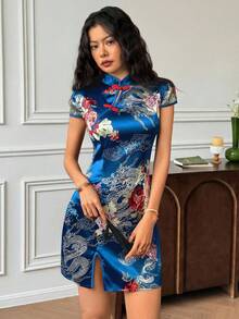 EastFlair Đầm ngắn nữ in hoa, cổ bẻ, thắt eo, thanh lịch cho các buổi hẹn hò và tiệc tùng. - Màu xanh lam - Xem 4