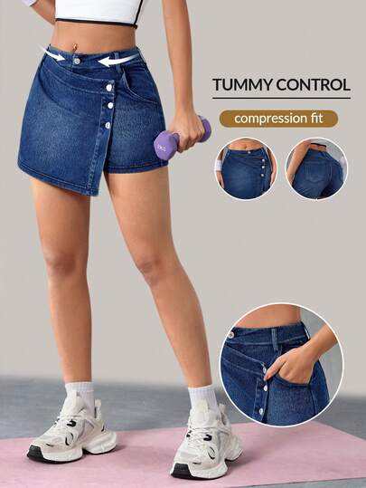 Flexra Shorts de mezclilla azul de punto con alto estiramiento 2 en 1 para mujer