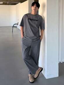 DAZY Men's Distressed Gray Letter Print Short Sleeve T-Shirt And Pants Set, Summer - Grey - View 3