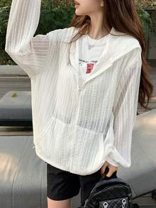 DAZY Women's Textured Long Sleeve Open Front Hooded Loose Sheer Casual Regular Jacket - White - View 5