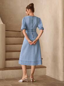 Selenza Women's Summer Casual Petal Sleeve Denim Dress - Blue - View 2