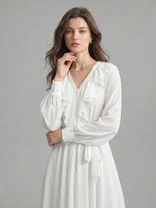 Ontre 2026春夏新款浪漫荷叶边下摆A字宽松连衣裙，适合情人节和婚礼季 - 白色 - 查看 9