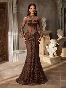 Aureia 优雅奢华的串珠亮片弹力蕾丝刺绣褶皱缎面薄纱袖美人鱼连衣裙，适合婚礼、派对、节日、新娘、新娘母亲、正式场合。 - 咖啡棕 - 查看 6