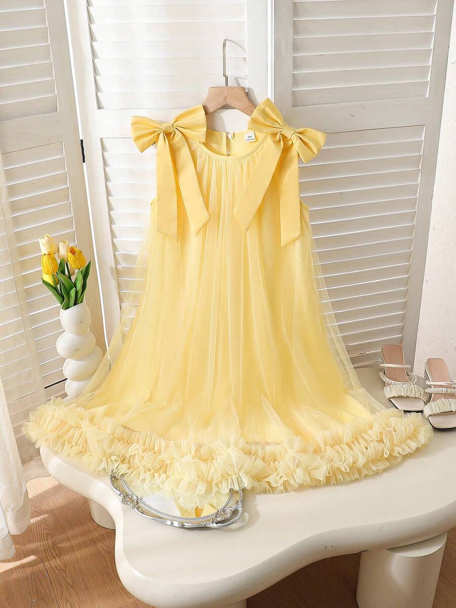 SHEIN Elladie kids 少女优雅公主裙，可爱3D蓬蓬薄纱裙摆，肩部蝴蝶结装饰，A字无袖连衣裙，适合派对、生日、外出、表演等场合 - 黃色 - 查看 1