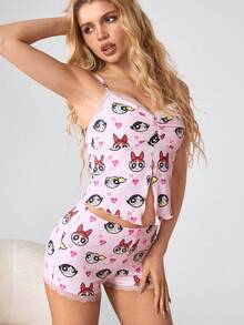 THE POWERPUFF GIRLS X SHEIN Women's Cartoon Print Spaghetti Strap Shorts Pajama Set - Pink - View 6