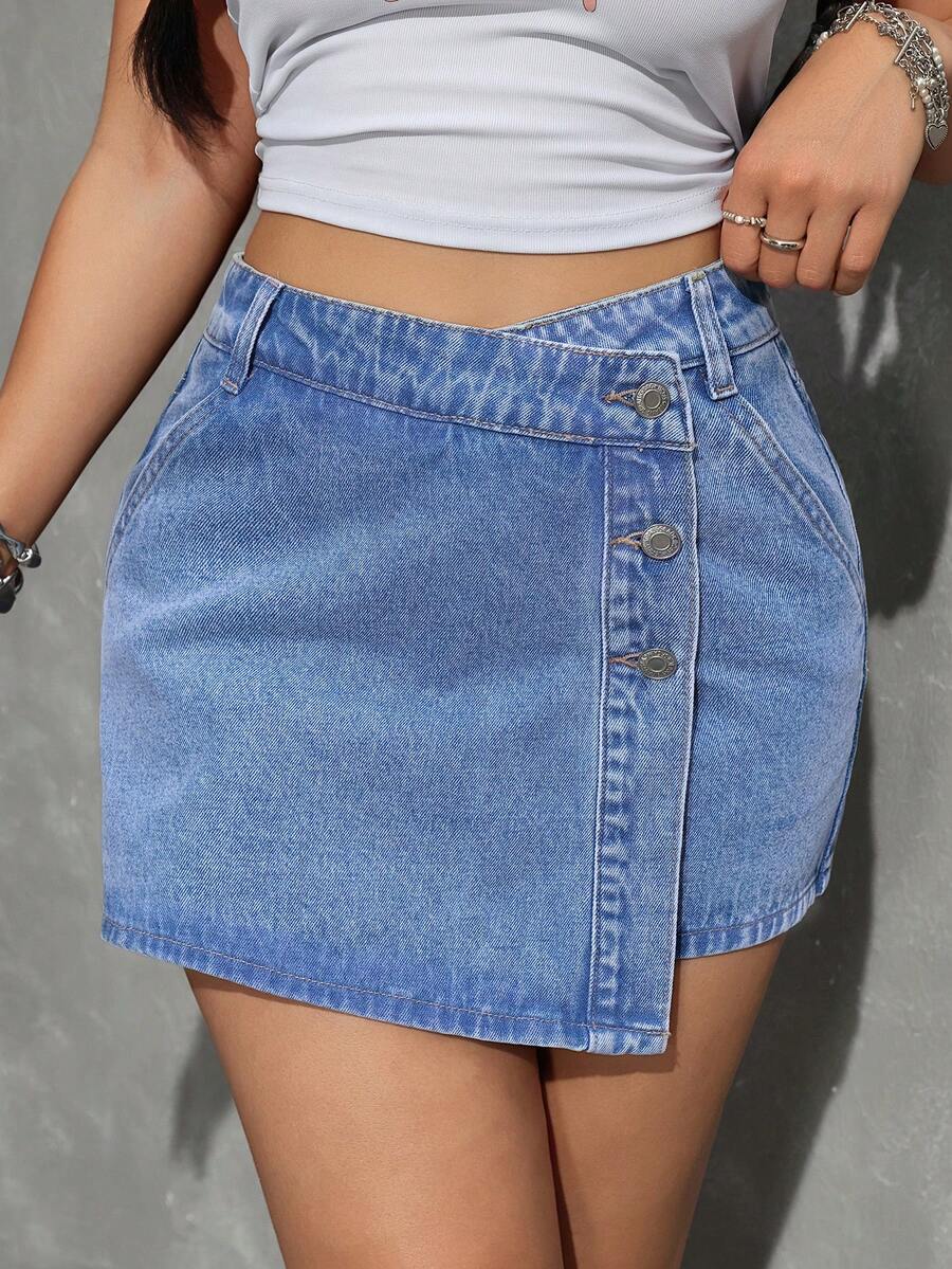 SHEIN EZwear Váy quần jean nữ kiểu dáng thường ngày, có túi và cúc. - Rửa nhẹ - Xem 1
