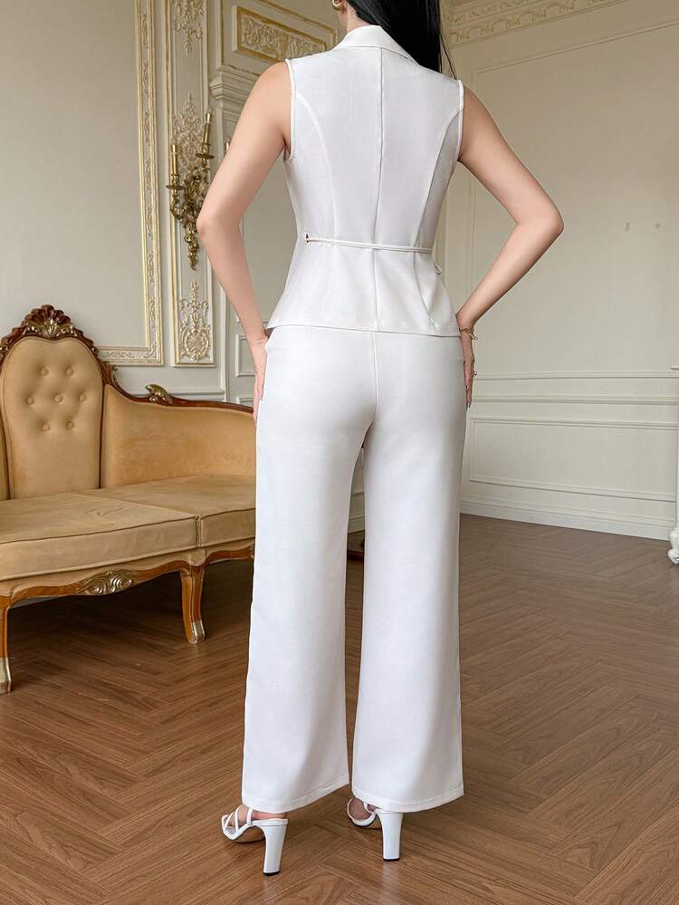 Women's Summer Casual Solid Color Asymmetric Lapel Vest And Wide Leg Pants Suit