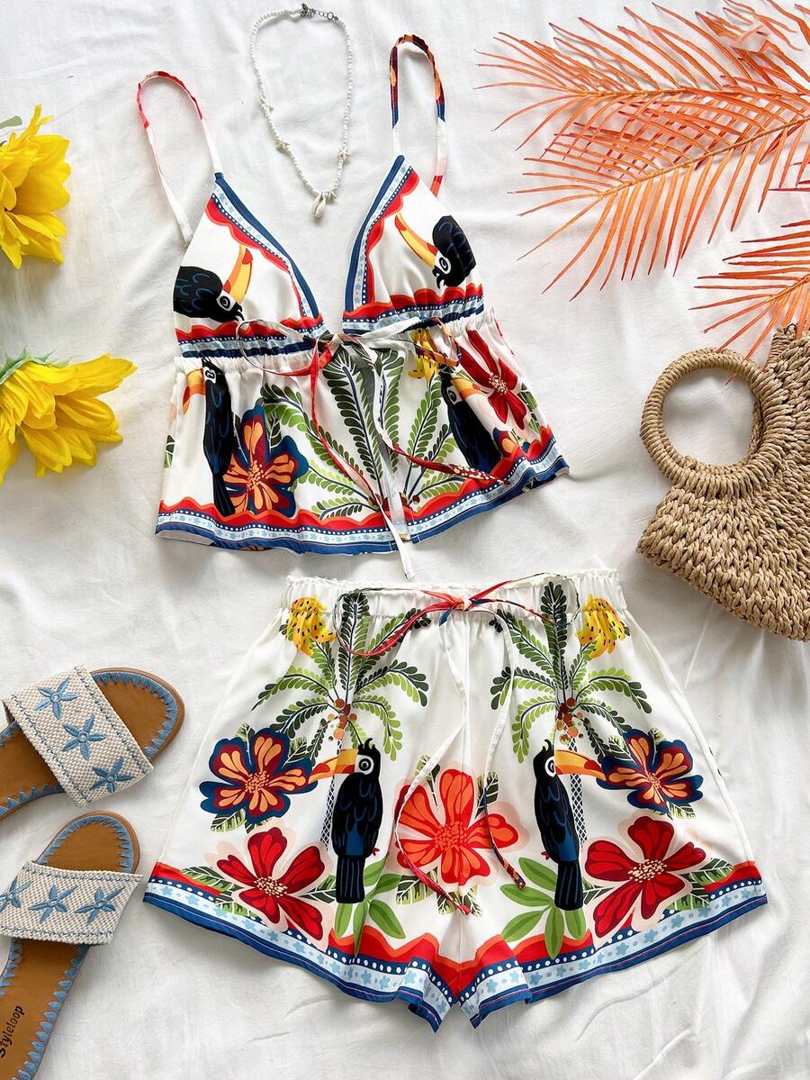 Soleia Conjunto informal de 2 piezas de top de tirantes y shorts con estampado de plantas tropicales para mujer - Multicolor - Ver 1