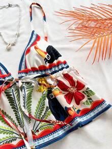 Soleia Conjunto informal de 2 piezas de top de tirantes y shorts con estampado de plantas tropicales para mujer - Multicolor - Ver 3