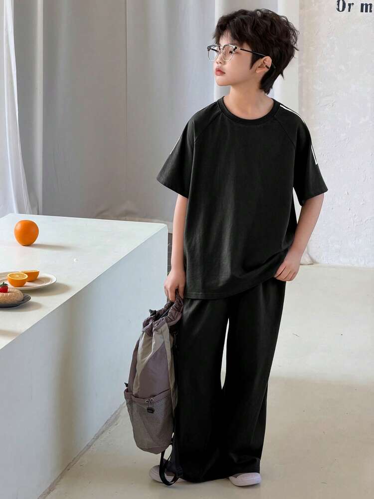 Tween Boy Summer Casual Contrast Stripe T-Shirt And Pants Set
