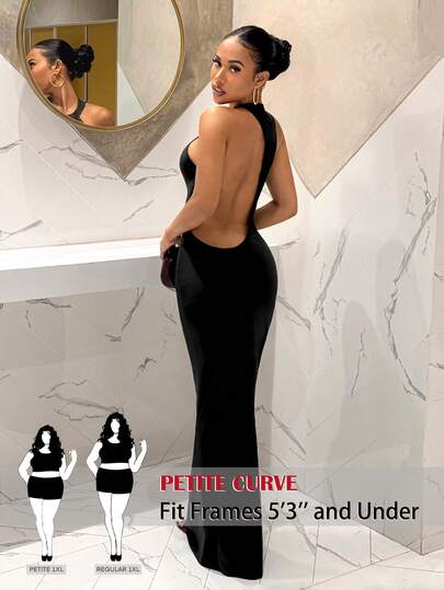 SHEIN PETITE CURVE 大码女式纯色露背性感修身派对连衣裙