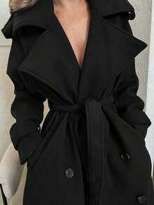 Jemour 1 pieza Chaqueta casual de mujer de unicolor, de manga larga, con botones y nudo delantero, para uso diario en otoño/invierno - Negro - Ver 3