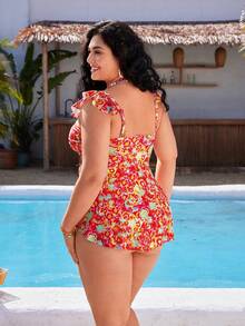 SHEIN Swim Baju Renang Tankini Motif Bunga Kecil 2pcs untuk Wanita Ukuran Plus, Warna Pink, Gaya Boho Musim Panas, Liburan Pantai, Tali Bahu Silang yang Dapat Diatur, Pinggang Tinggi, Bentuk Segitiga - MultiWarna - View 2