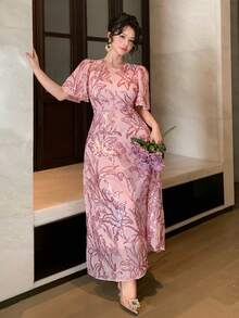 DAZY 女士优雅花卉亮片荷叶边袖连衣裙，夏季婚礼宾客礼服，女士长款连衣裙 - 粉色 - 查看 8