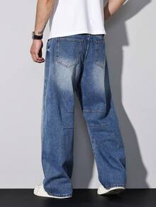 Manfinity Homme Casual Street Acid Wash Loose Flared Distressed Maxi Denim Jeans, Spring/Summer - Blue - View 3