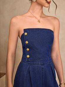 Selenza Women's Button Design Pleated Wide Leg Loose Denim Jumpsuit - Blue - View 7