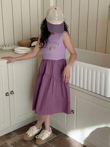 Dazy Kids Tween Girl Letter Print Ruffle Hem Pocketed Sleeveless Dress - Purple - View 2