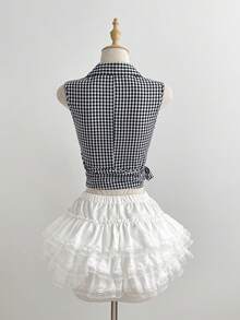 Elamini Criss-Cross Bow Tie Plaid Women Shirt - Blue and White - View 2