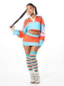 SUMWON X PAUL FRANK SUMWON WOMEN 复古条纹迷你裙，饰有品牌标志撞色设计，高腰修身，休闲夏季款 - 彩色 - 查看 3