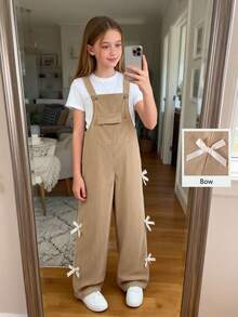 Tween Girls Cute Khaki Bib Pants With Bow Decor,Loose Straight Leg Soft Casual Summer School Back-To-School White,Versatile For Daily & Commute - Khaki - View 7