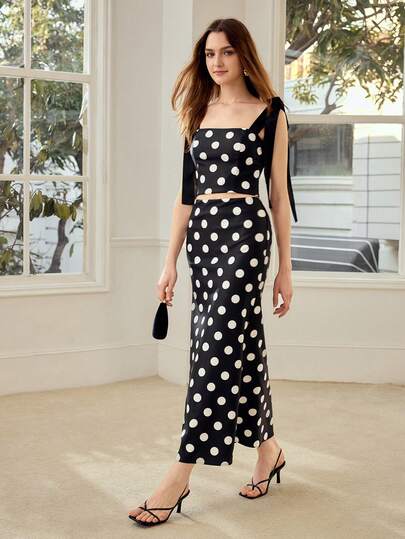 MOTF PREMIUM Bộ 2 món áo tank top và chân váy chấm bi thanh lịch dành cho nữ, mùa xuân/hè.