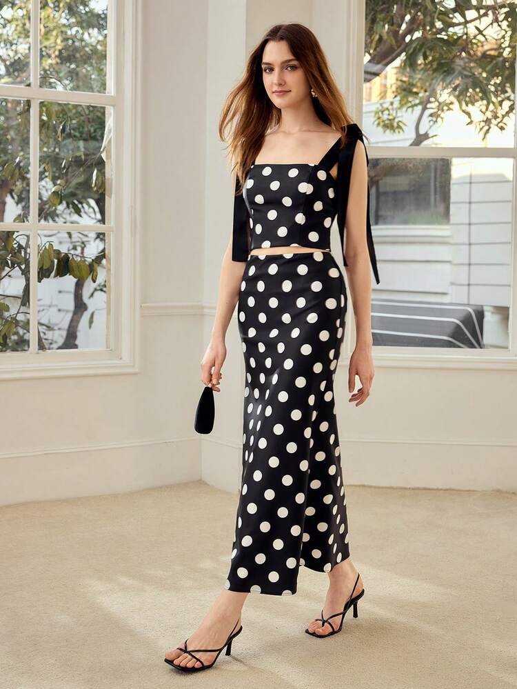 WOMEN'S POLKA DOT ELEGANT TANK TOP AND SKIRT 2 PIECES SET, SPRING/SUMMER