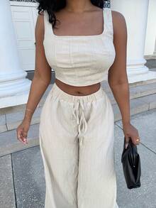 Alexandranx 2025New Spring/Summer Vacation Casual Fishbone Strap Top & Wide Leg Pants With Pockets 2 Pieces Set, Textured Fabric Material - B - Khaki - View 3