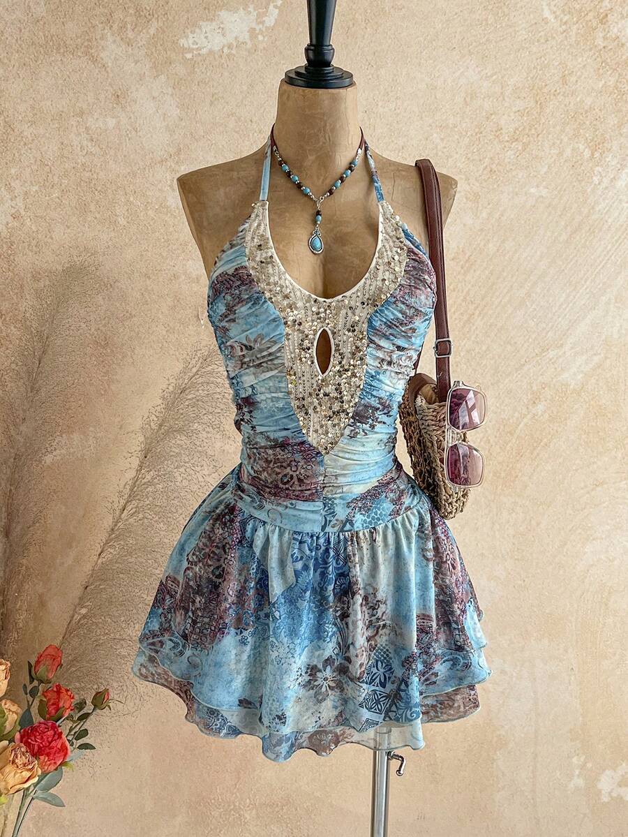 Soleia Đầm ngắn cổ yếm thời trang dành cho nữ, họa tiết hoa, phối sequin, xếp nếp, thích hợp cho kỳ nghỉ. - Nhiều màu - Xem 1