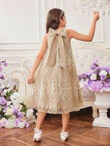 优雅奢华少女连衣裙，可爱公主裙，杏色立领，精致刺绣花卉装饰，无袖A字廓形，华丽公主裙 - 彩色 - 查看 1