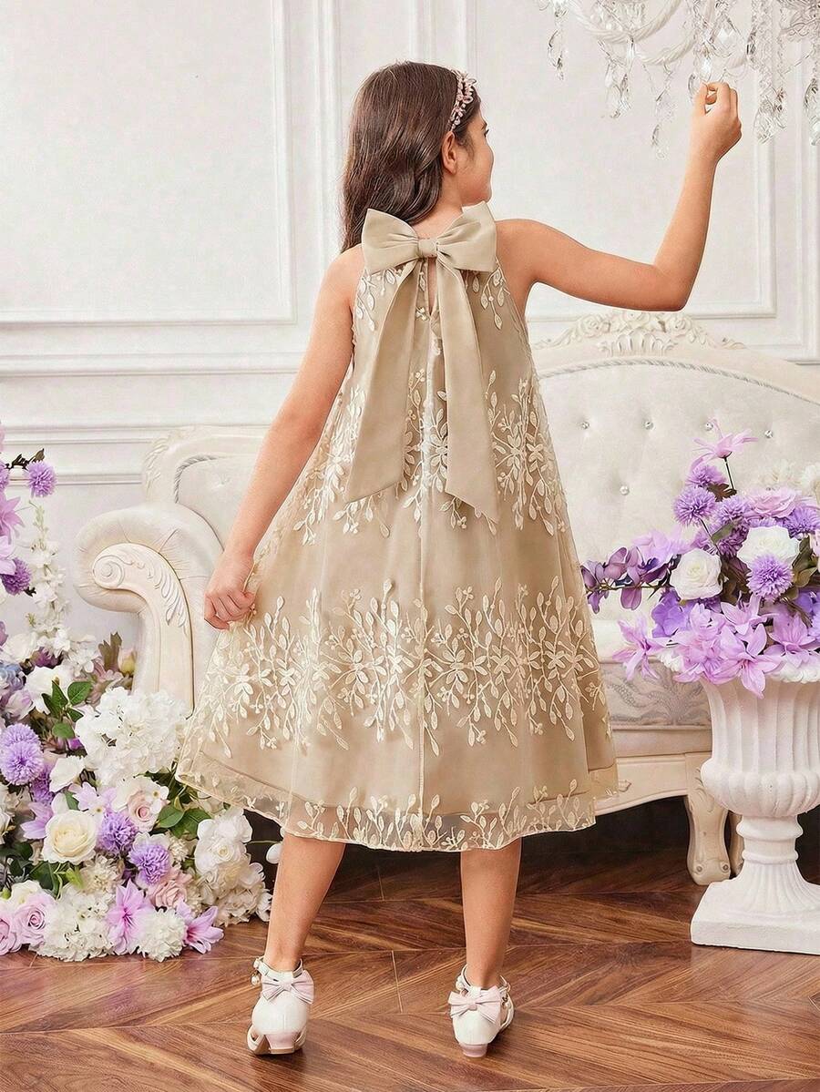 优雅奢华少女连衣裙，可爱公主裙，杏色立领，精致刺绣花卉装饰，无袖A字廓形，华丽公主裙 - 彩色 - 查看 1