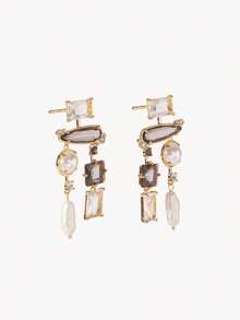 Opalesca Retro Luxury Pearl Crystal Multi-Gemstone Mixed Long Pendant Earrings, Asymmetric Earrings, Face-Slimming, European And American Fashion Accessory - Multicolor - View 5