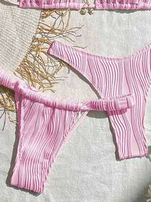Swim Mod 3pcs Beach Outfits For Women, Solid Color Textured Fabric Halter Sexy Retro Bikini Set - Baby Pink - View 4