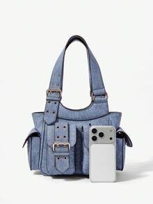 Viva Strut Ladies, Women Shoulder Bag, Hobo Bag ,Faux Leather, College ,School, Holiday ,Street Style ,Sports, Overnight, Dating ,Y2K, Punk, Motorcycle Style, Sweet, Cool, Street ,Sporty , Retro, Vintage, Belt  Multipocket - denim blue - View 5