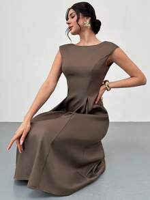 Firerie Women's Elegant Casual Everyday Office Commute Dress, Brown Boat Neck Cap Sleeve Waist Gathered A-Line Dress With Pleated Skirt Design, Suitable For Spring/Summer, Commute, Elegant Vacation, Beach, Holiday, Teacher Outfit - Coffee Brown - View 5