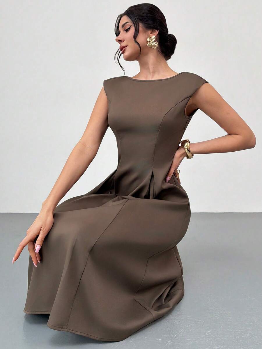 Firerie 女士优雅休闲日常办公通勤连衣裙，棕色船领短袖收腰A字裙，褶裥裙摆设计，适合春夏、通勤、优雅度假、海滩、假日、教师装扮 - 咖啡棕 - 查看 1