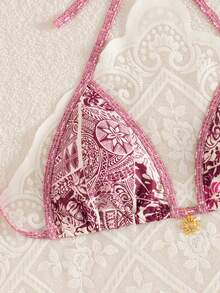 Swim Vcay 2件套 女士夏季度假随机印花金色太阳配饰吊带上衣和高衩复古比基尼泳装 - 彩色 - 查看 1